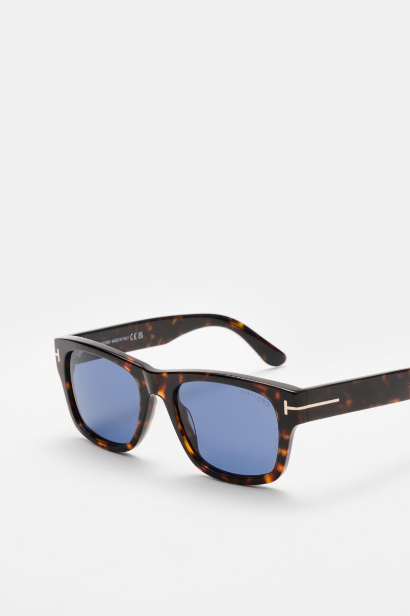 Tom Ford Sonnenbrille 'Smith' dunkelbraun gemustert, eckig, Acetat-Rahmen, blaue Kunststoffgläser, Filterkategorie 3, seitliche Perspektive.