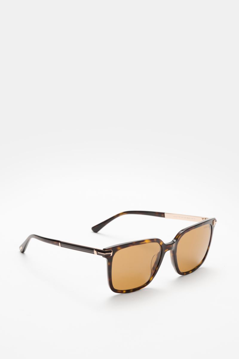 Tom Ford Sunglasses 'Jochem' dark brown mottled shown from a front-side angle, featuring a slightly square shape, evenly tinted plastic lenses, and an acetate frame, offering 100% UV protection, filter category 2; stylish all-rounder, ideal summer essenti