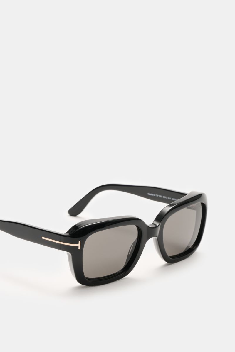Tom Ford Sonnenbrille 'Natalia' schwarz, eckige Form, Acetat-Rahmen, gleichmäßig getönte Gläser, Filterkategorie 3, seitliche Perspektive.
