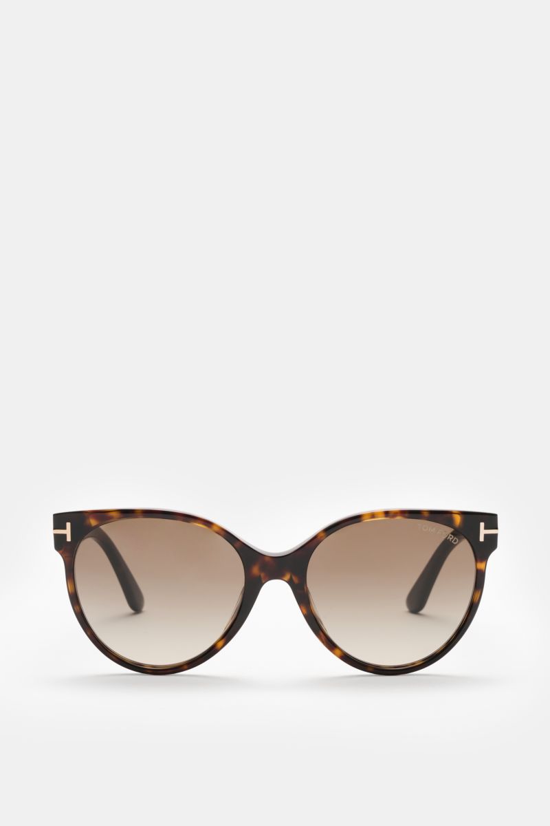 Front view of Tom Ford Sunglasses 'Tallulah' dark brown mottled with classic papillon style, gradient plastic lenses, acetate frame, and 100% UV protection. Stylish all-rounder for summer looks, includes velvet hard case.