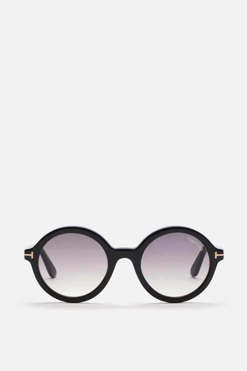 Tom Ford Sonnenbrille 'Nicolet' schwarz/grau, rund, dicker Acetat-Rahmen mit Schildpatt, getönte Gläser, 'T'-Detail, frontal fotografiert.