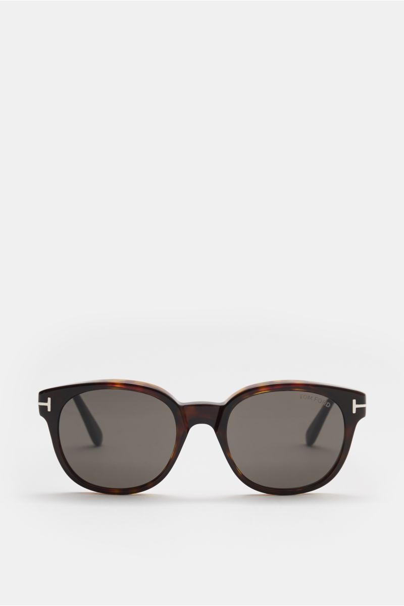 Tom Ford Sonnenbrille 'Mert' dunkelbraun meliert, frontale Nahaufnahme, leicht gerundete Silhouette, melierter Acetat-Rahmen, getönte Kunststoffgläser, UV-Schutz.