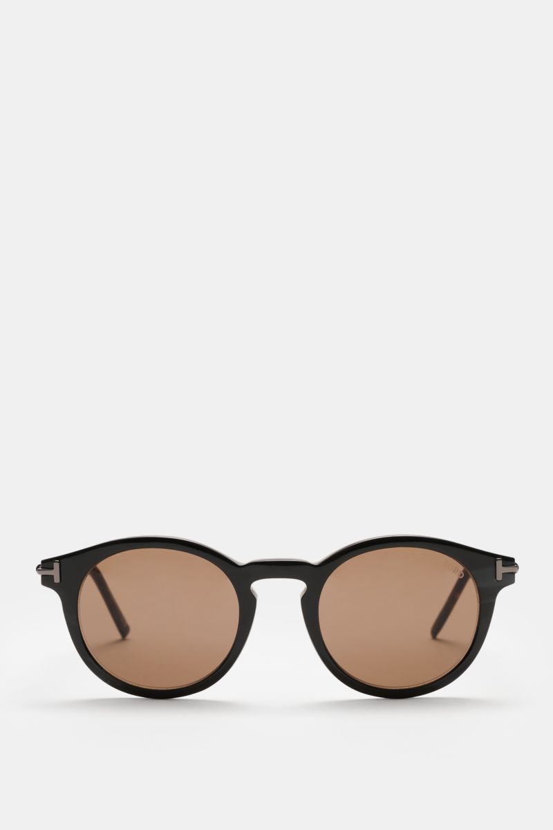 Tom Ford Sonnenbrille 'Private Collection' schwarz/grau gemustert, frontale Perspektive, leicht gerundete Silhouette, Kunststoffgläser, Acetat-Rahmen, UV-Schutz, Samt-Etui.