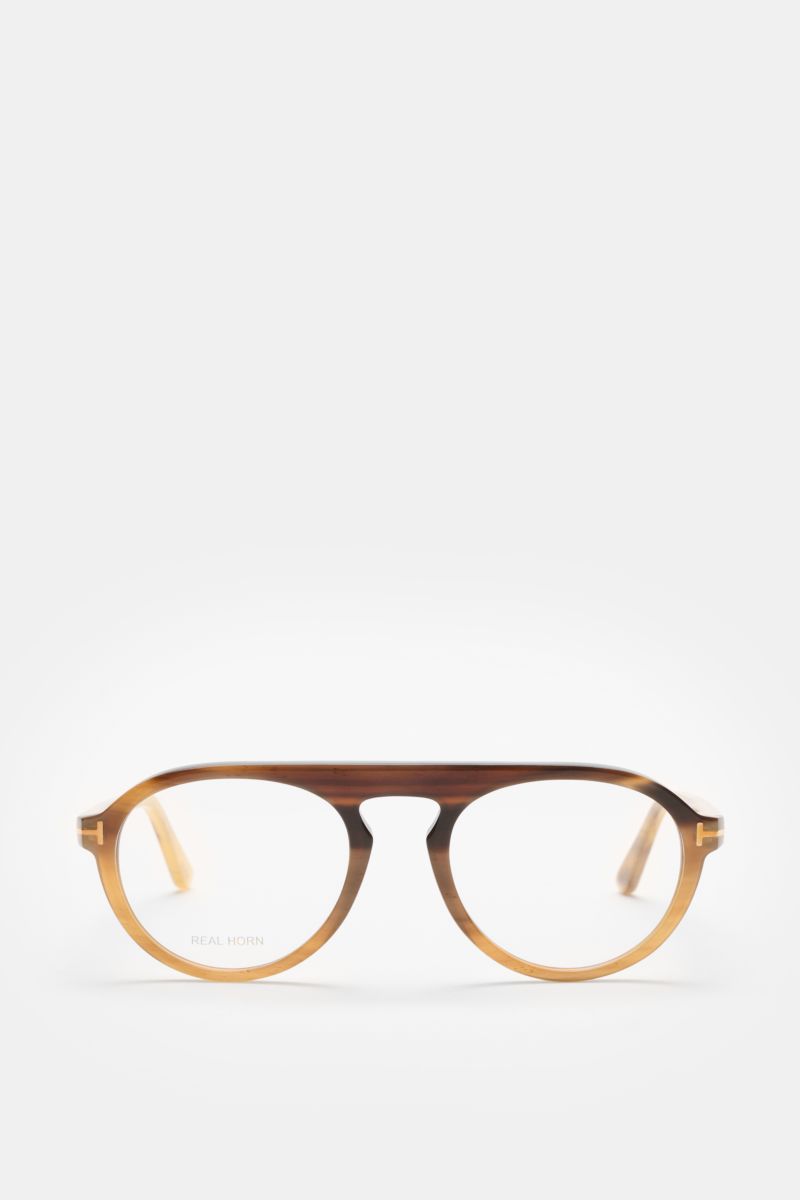 Tom Ford Horn Brille 'Private Collection' graubraun/sand gemustert, front view, round shape, real buffalo horn frame, blue light filter lenses, T-shaped details. Stilvoller Eyecatcher: Die exklusive Horn Brille aus der 'Private Collection' von TOM FORD be