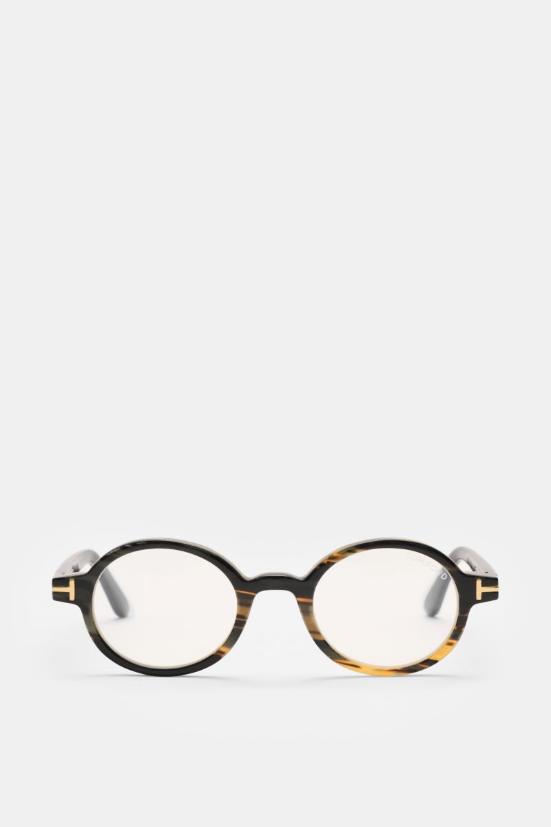 Tom Ford Horn Brille 'Private Collection' schwarz/grau/hellbraun gemustert, runde Form, Hornrahmen, Blaulichtfilter, frontal fotografiert.