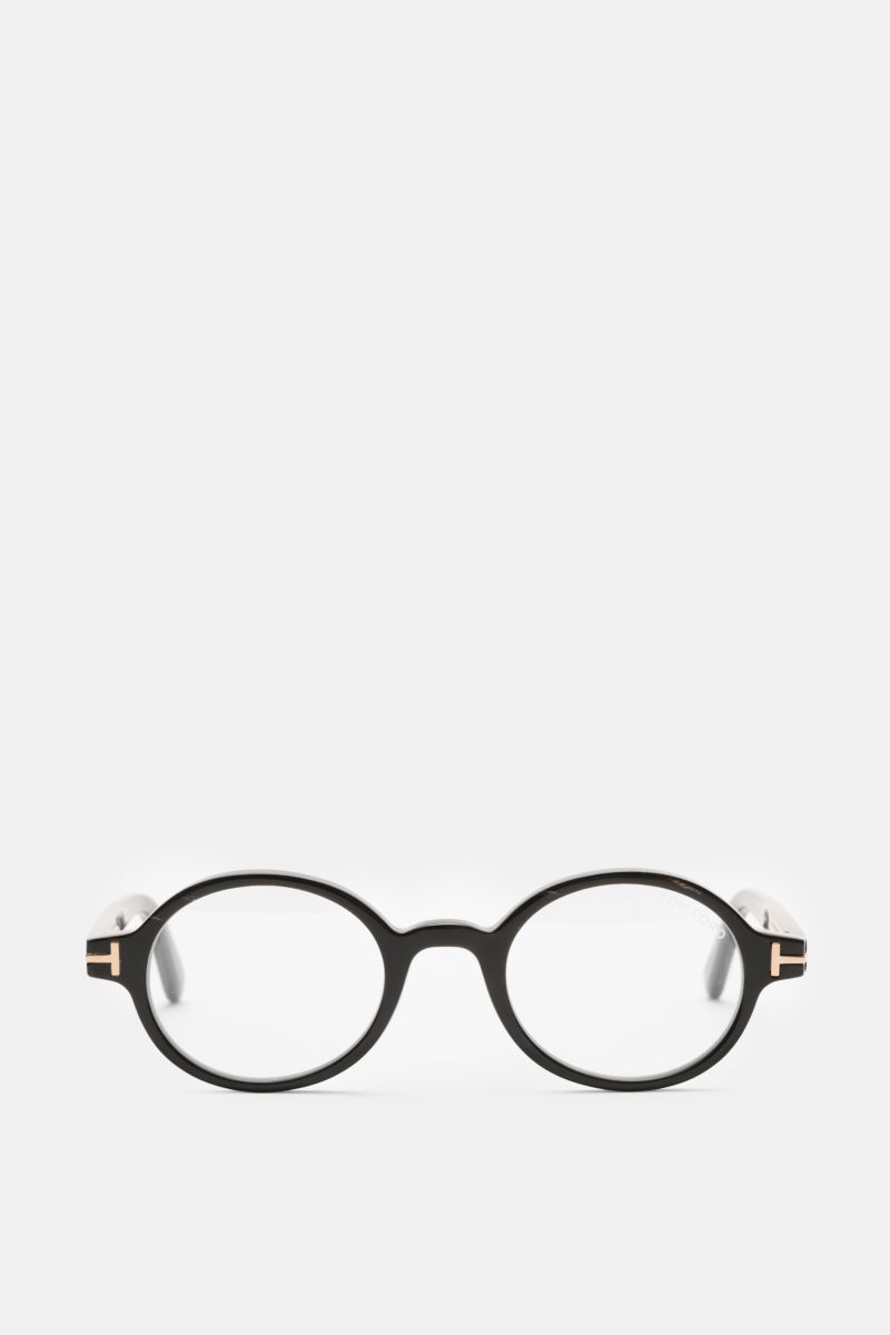 Tom Ford Horn Brille 'Private Collection' schwarz/grau gemustert, runde Form, Hornrahmen, Blaulichtfilter, T-Form Details, frontal fotografiert.