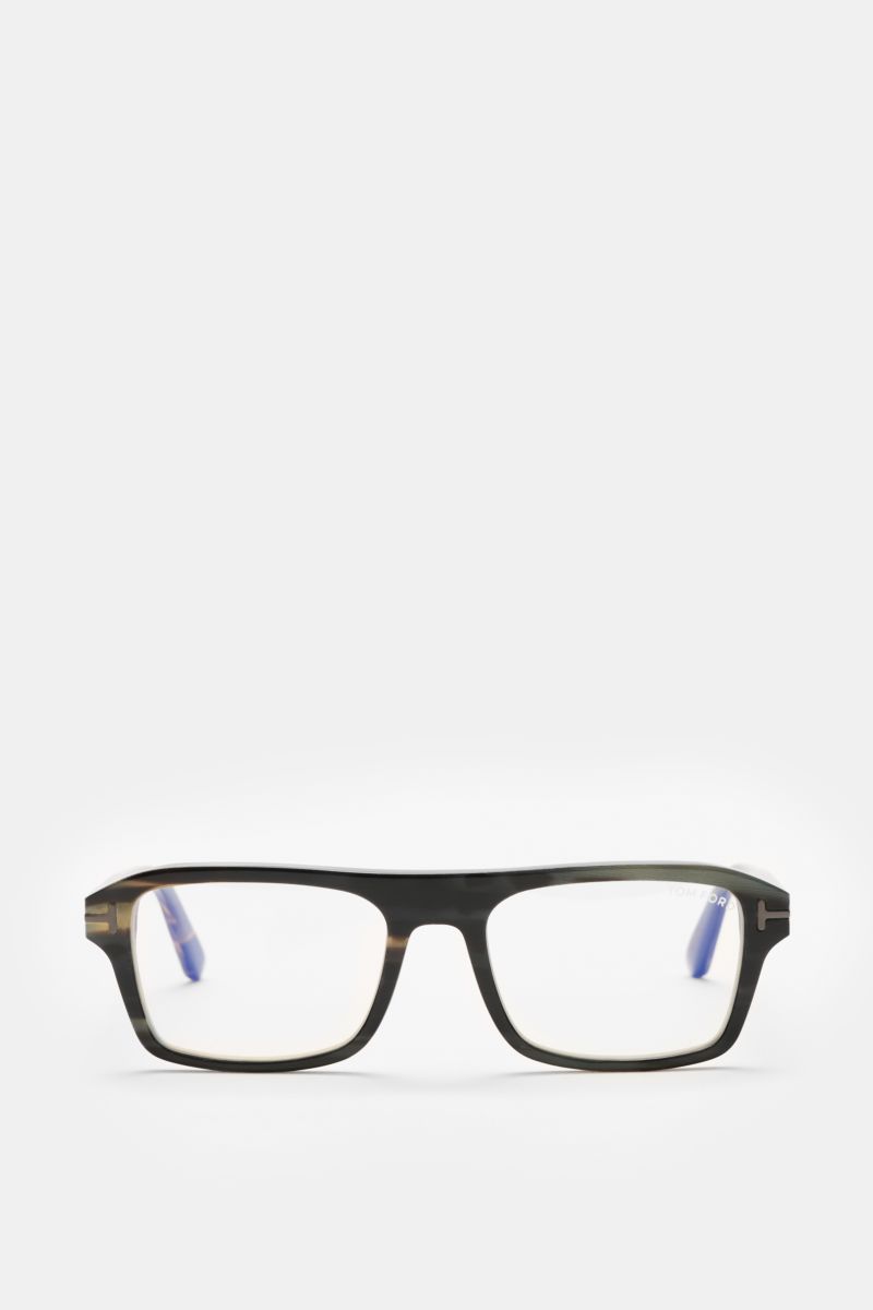 Front view of Tom Ford Horn Brille 'Private Collection' schwarz/grau gemustert with rectangular buffalo horn frame, blue light filter lenses, and T-shaped details, styled as a stylish retro essential for the workplace. Stilvoller Eyecatcher: Die exklus