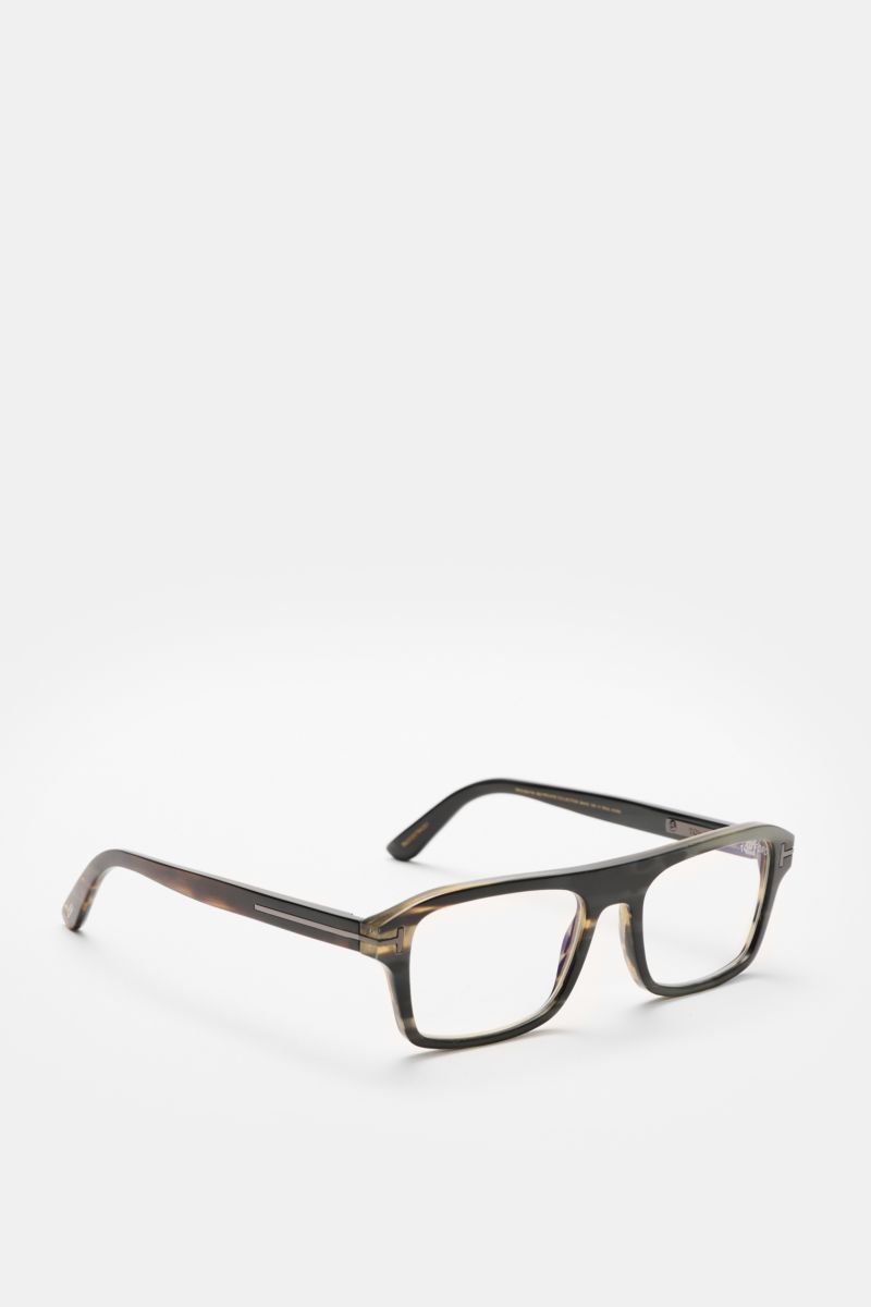 Tom Ford Horn Brille 'Private Collection' schwarz/grau gemustert shown from a front-side angle, stylish rectangular buffalo horn frame with T-shaped details and blue light filter lenses. Stilvoller Eyecatcher: Die exklusive Horn Brille aus der 'Private Co