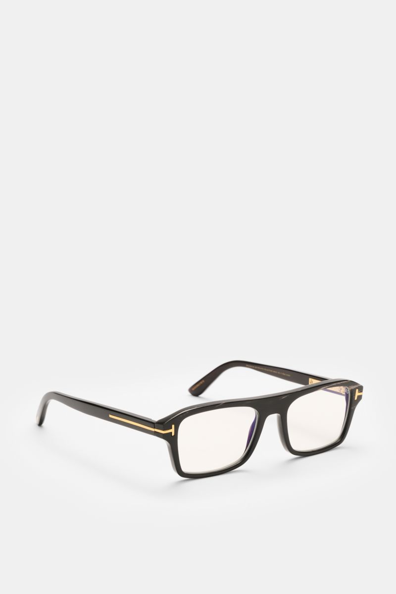 Tom Ford Horn Brille 'Private Collection' schwarz/grau gemustert, eckig, Büffelhorn, goldene Details, Blaulichtfilter, seitliche Nahaufnahme.