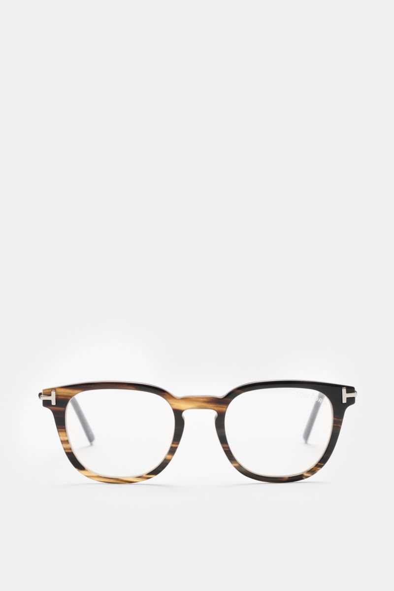 Tom Ford Horn Brille 'Private Collection' schwarz/braun/sand gemustert, frontal fotografiert, leicht gerundete Silhouette, Büffelhornrahmen, Blaulichtfilter, T-Form Details.