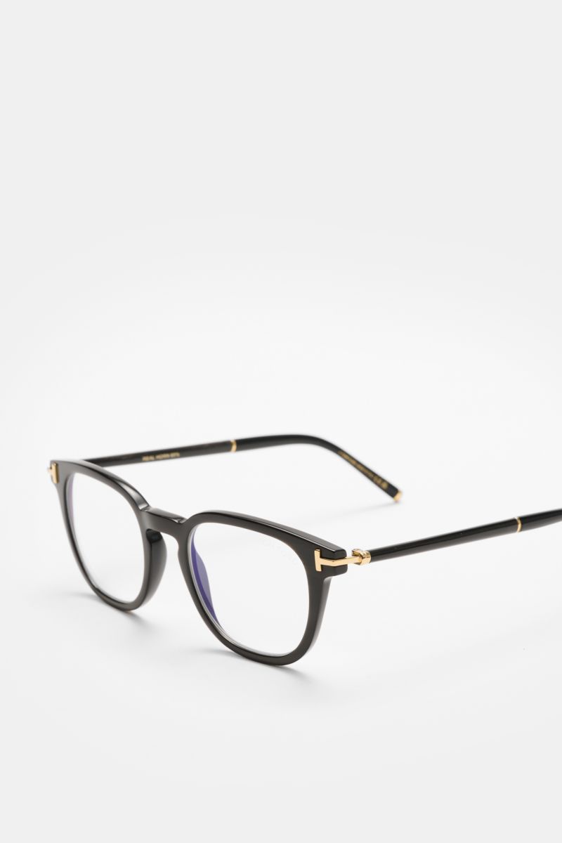 Tom Ford Horn Brille 'Private Collection' schwarz, leicht gerundete Silhouette, echtes Büffelhorn, Blaulichtfilter, T-Form Details, Seitenansicht.