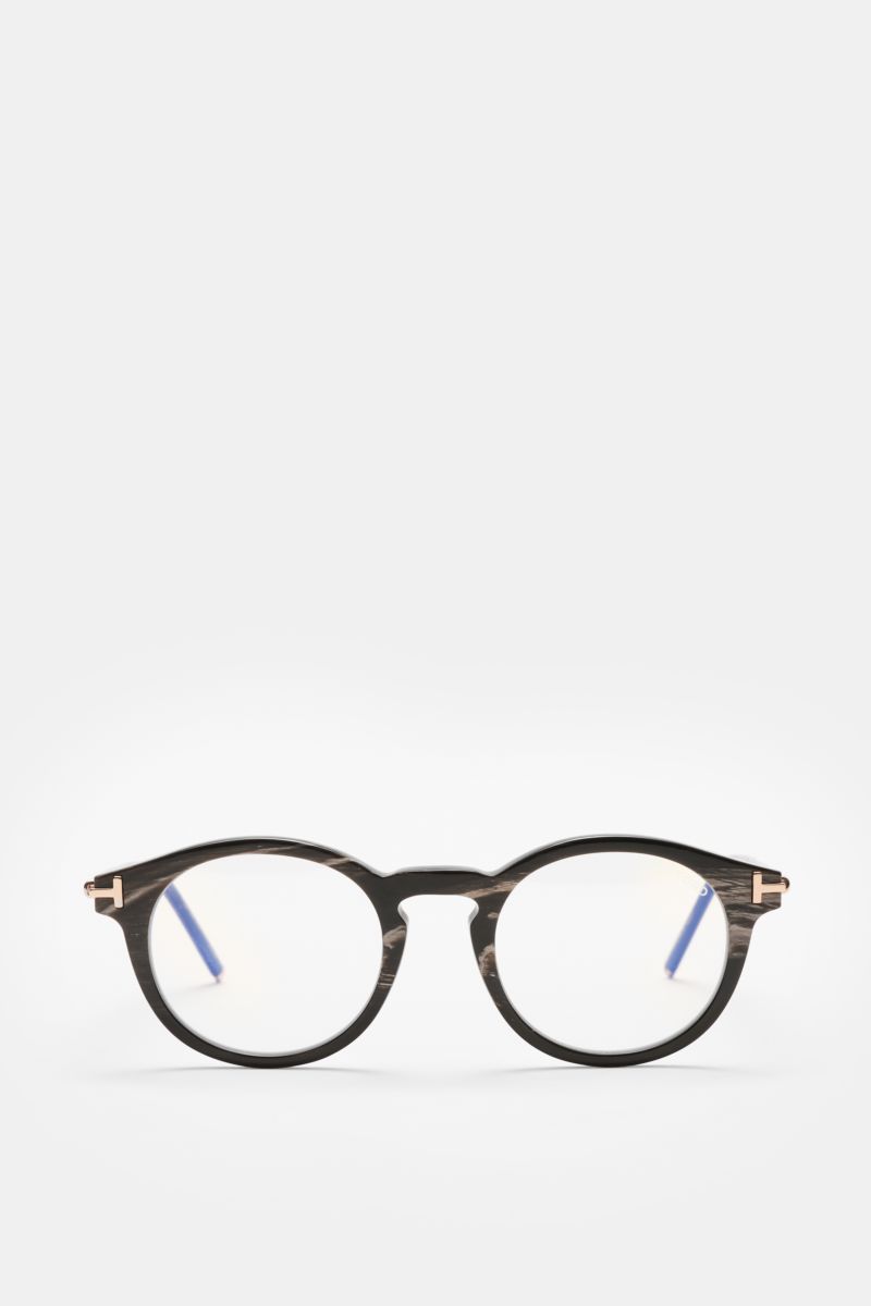 Front view of Tom Ford Horn Brille 'Private Collection' schwarz/graubraun/weiß gemustert with round shape, buffalo horn frame, blue light filter lenses, T-shaped details.