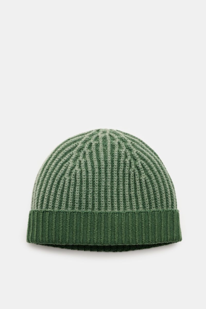 04651/ A trip in a bag Wool beanie 'Foggy Hat' green shown from front top view, pure wool, soft feel, garment-dyed, rib knit, small turn-up.