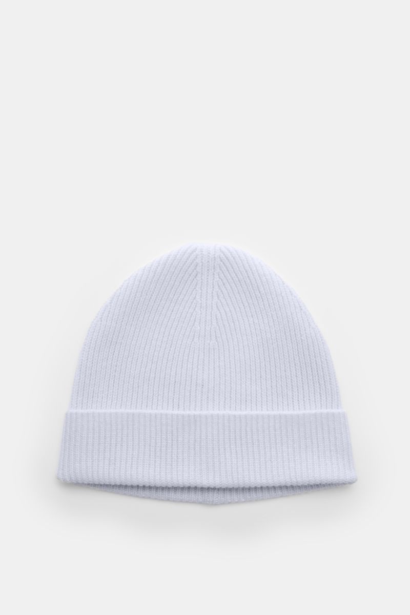 von Braun Cashmere Mütze hellblau, von oben fotografiert, feines Rippstrickmuster, schmaler Umschlag, reine mongolische Cashmere, sehr weich