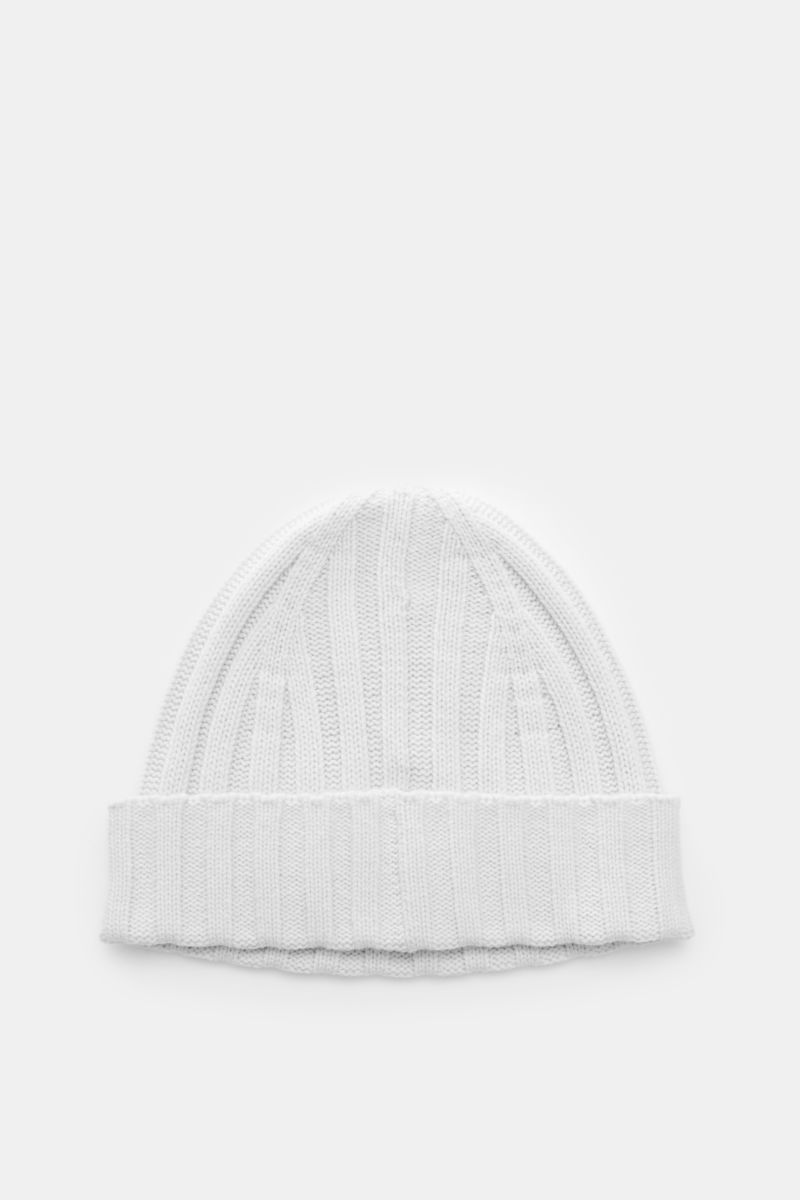 Top-down view of von Braun Cashmere beanie light grey in pure Mongolian cashmere with fine, soft rib knit and small turn-up cuff, perfect for casual or elegant winter wear.