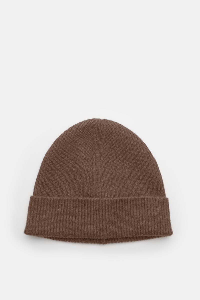 Top-down view of von Braun Cashmere beanie brown mottled, soft pure Mongolian cashmere, fine rib knit, classic pattern, small turn-up cuff, ideal for casual and elegant winter wear.