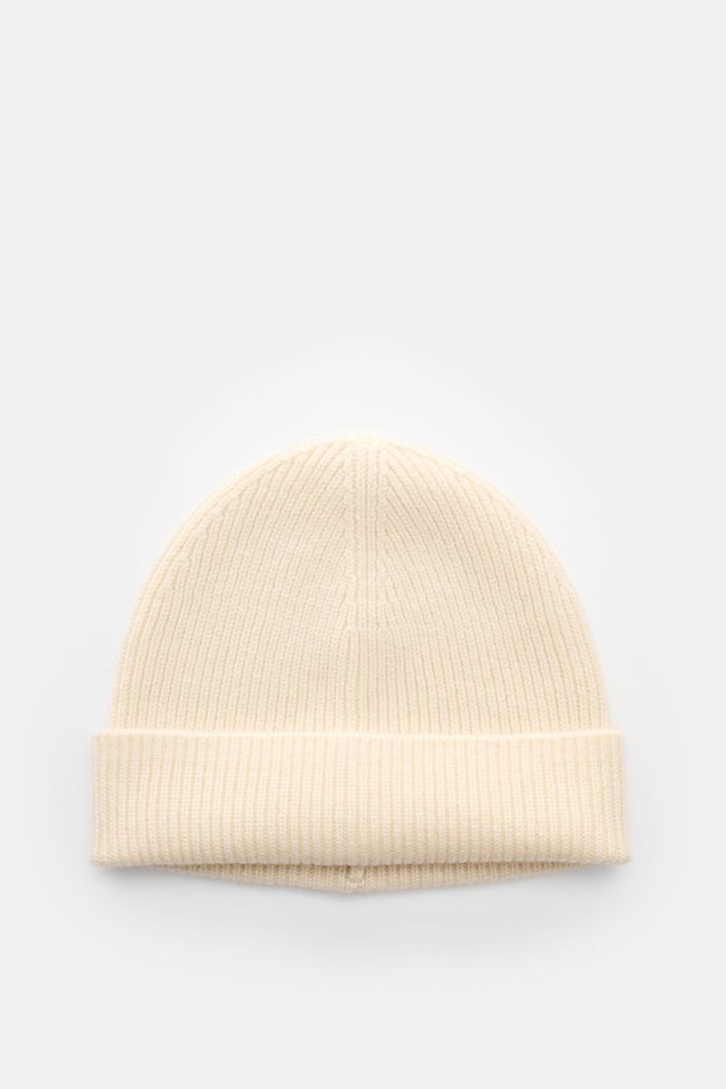 von Braun Cashmere Mütze offwhite, weich, aus reinem Cashmere, feines Patentstrickmuster, schmaler Umschlag, liegend, von oben fotografiert
