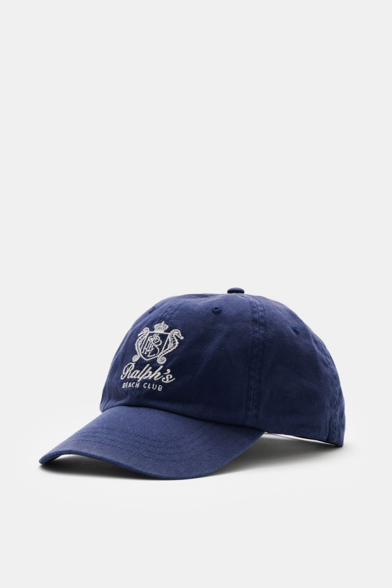 Polo Ralph Lauren Baseball-Cap navy, frontale Nahaufnahme, reine Baumwolle, sechs-Panel-Design, leicht gebogener Schirm, Stitching, verstellbarer Verschluss, maritimer Twist.