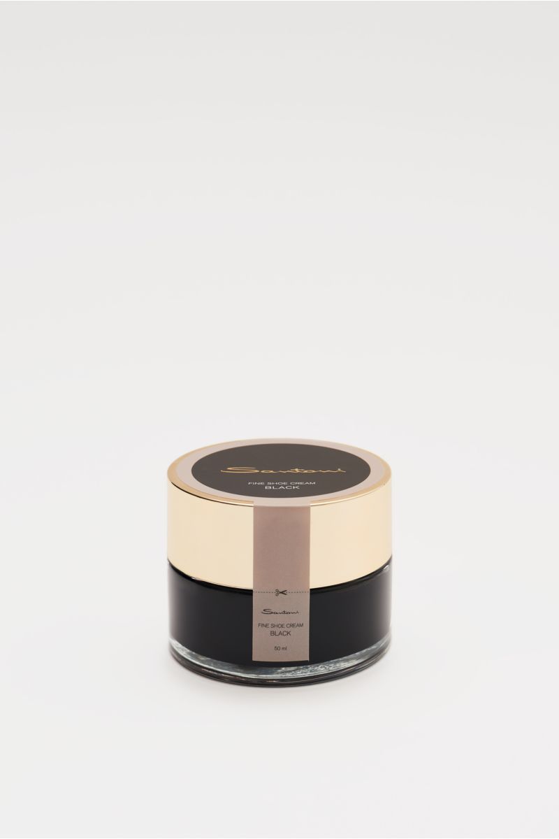 Santoni Schuhcreme schwarz 50 ml shown from a slightly elevated front view; essential shoe cream for smooth leather with high wax content, keeps leather supple, refreshes color and shine, made in Italy.
