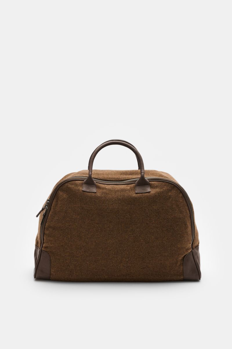 Front view of the 04651/ A trip in a bag Weekender '356-Bag Tweed' brown mottled, fabric and leather, robust handles, spacious design.
