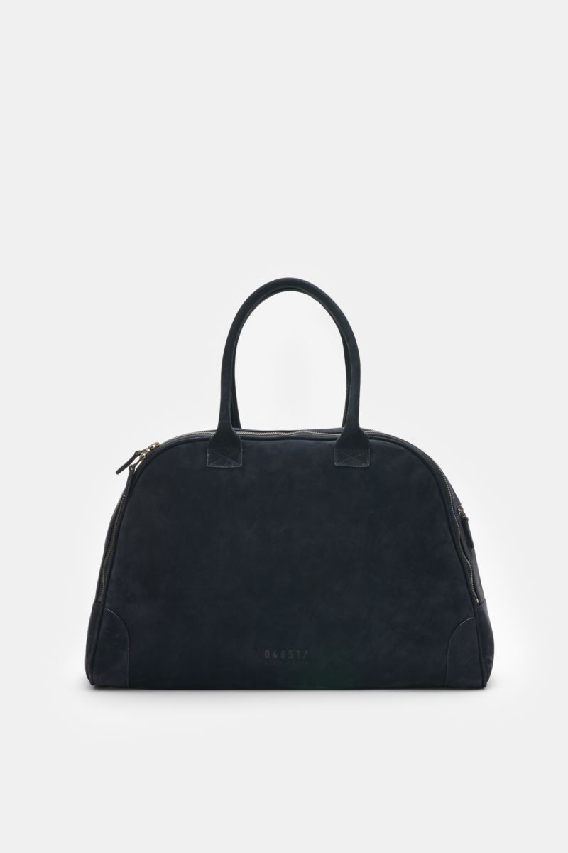 Front view of the 04651/ A trip in a bag Weekender '356 Bag' navy, a smooth navy velours leather travel bag with silver hardware, robust handles, two-way zipper, 04651/ embossing, small zippered address pocket, spacious main compartment, textile lining, i