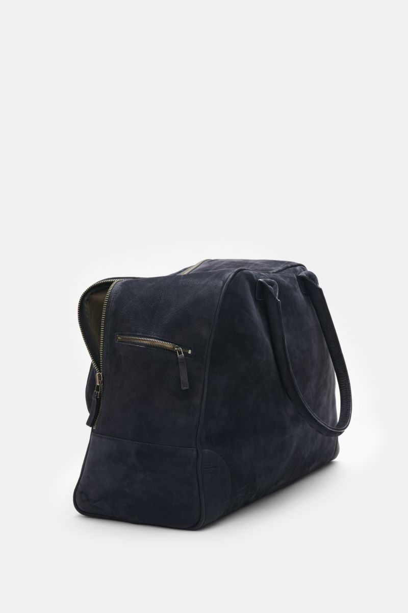 Side view of 04651/ A trip in a bag Weekender '356 Bag' navy in soft velour leather with silver hardware, robust handles, and zipper.
