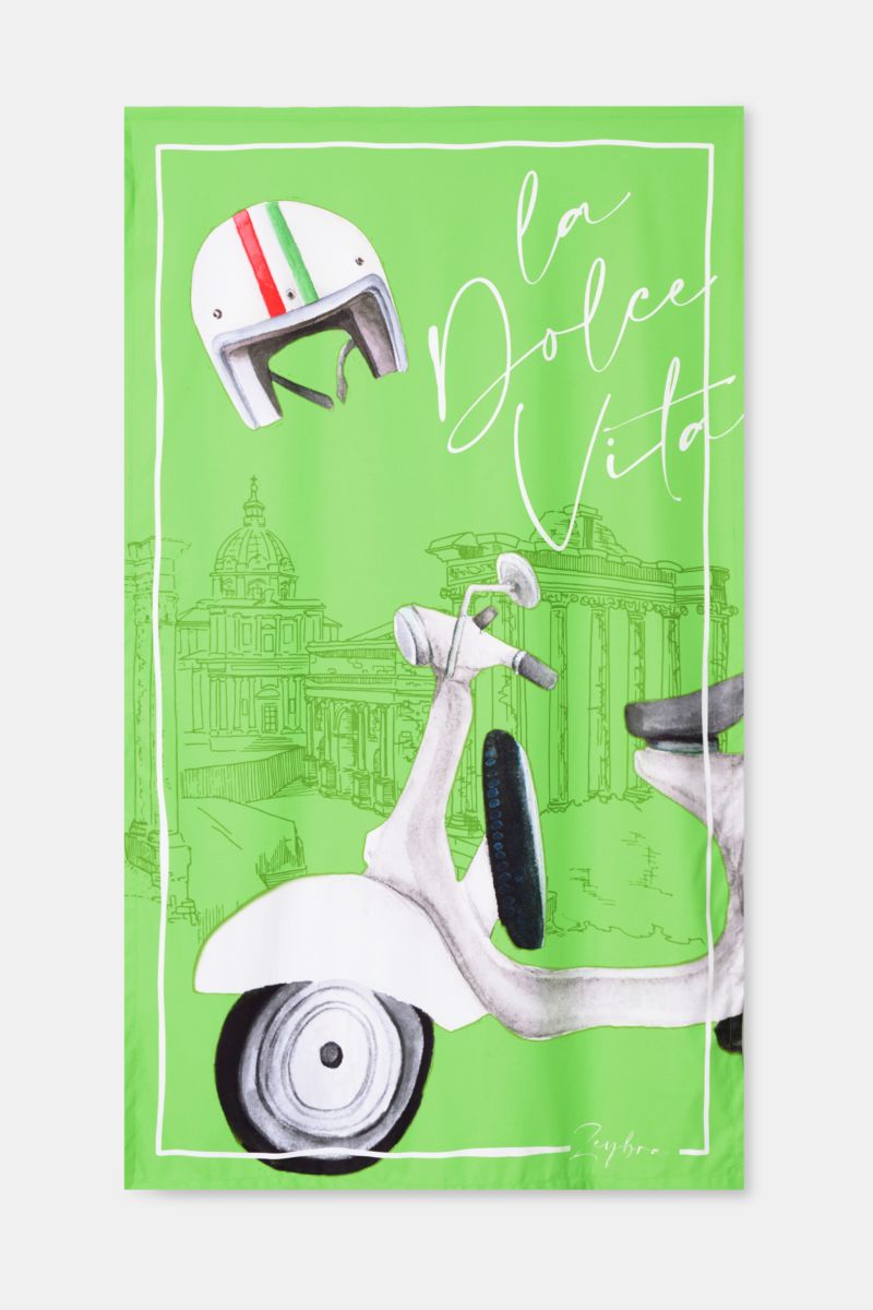 Top-down view of Zeybra Portofino 1962 Beach towel neon green patterned with scooter, helmet, and la Dolce Vita print.

For fun in the sun: This beach towel in soft, quick-drying microfibre and decorated with a bold print by ZEYBRA PORTOFINO 1962 offer