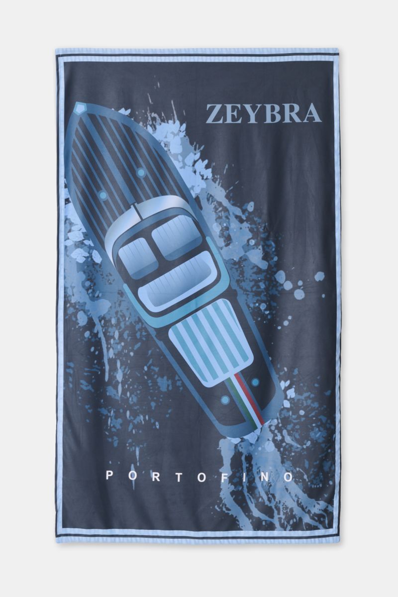Zeybra Portofino 1962 Strandtuch graublau gemustert mit Boot-Print, weiche Microfaser, glatter Griff, All-Over-Print, 120x190 cm, Ansicht von oben.
