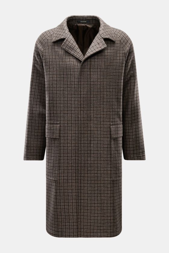 Tagliatore Mantel 'Lloyd' graubraun/navy/grau kariert, frontale Ansicht, Regular Fit, Schurwoll-Mix, verdeckte Knopfleiste, Hahnentritt-Muster, Umlegekragen mit Pin, aufgesetzte Taschen. Tagliatore Mantel 'Lloyd' graubraun/navy/grau kariert, frontale Ansicht, Regular Fit, Schurwoll-Mix, verdeckte Knopfleiste, Hahnentritt-Muster, Umlegekragen mit Pin, aufgesetzte Taschen.