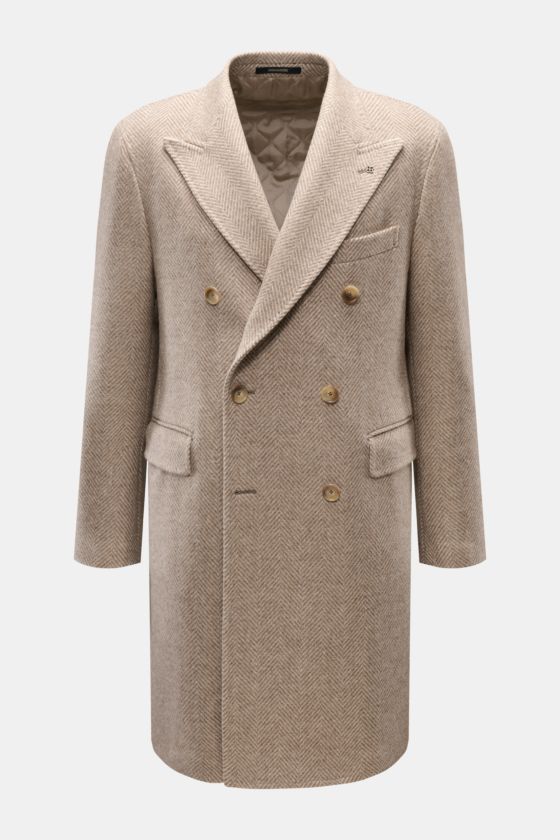 Tagliatore Wollmantel beige/creme gemustert in Slim Fit, frontale Ansicht, Fischgratmuster, Woll-Cashmere-Mix, zweireihig, Spitzrevers mit Logo-Pin, Brusttasche, Pattentaschen, unvollendete Ärmel, Rückenmittelschlitz, halb gefüttert. Tagliatore Wollmantel beige/creme gemustert in Slim Fit, frontale Ansicht, Fischgratmuster, Woll-Cashmere-Mix, zweireihig, Spitzrevers mit Logo-Pin, Brusttasche, Pattentaschen, unvollendete Ärmel, Rückenmittelschlitz, halb gefüttert.