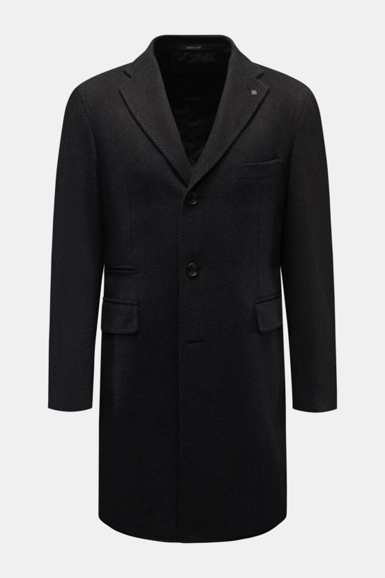 Tagliatore Cashmere Mantel anthrazit, Slim Fit, aus reinem Cashmere, mit Reverskragen, drei Knöpfen, Billett- und Pattentaschen, frontal fotografiert. Tagliatore Cashmere Mantel anthrazit, Slim Fit, aus reinem Cashmere, mit Reverskragen, drei Knöpfen, Billett- und Pattentaschen, frontal fotografiert.