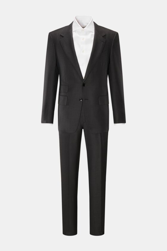 Tom Ford Anzug 'Shelton' anthrazit meliert, Slim Fit aus reiner Wolle, frontale Ansicht mit tailliertem Sakko und schmal zulaufender Hose. Tom Ford Anzug 'Shelton' anthrazit meliert, Slim Fit aus reiner Wolle, frontale Ansicht mit tailliertem Sakko und schmal zulaufender Hose.