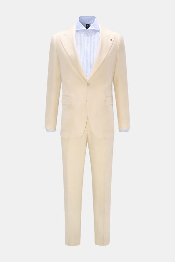 Tagliatore Leinenanzug 'Vesuvio' creme, Slim Fit, frontale Ansicht mit tailliertem Sakko, zwei Knöpfen, Spitzrevers und Leinenhose Tagliatore Leinenanzug 'Vesuvio' creme, Slim Fit, frontale Ansicht mit tailliertem Sakko, zwei Knöpfen, Spitzrevers und Leinenhose