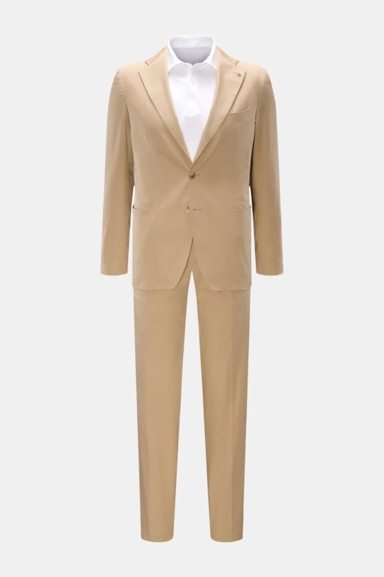 Tagliatore Anzug 'Vesuvio' beige, Vorderansicht, Slim Fit Zweiteiler aus elastischer, weicher Schurwolle ohne Pin-Stripes, halb gefüttert. Tagliatore Anzug 'Vesuvio' beige, Vorderansicht, Slim Fit Zweiteiler aus elastischer, weicher Schurwolle ohne Pin-Stripes, halb gefüttert.