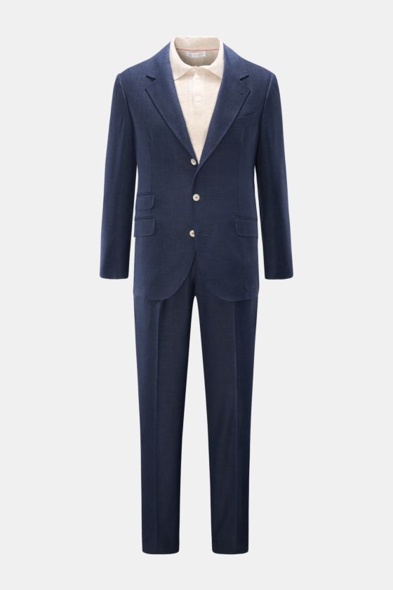 Brunello Cucinelli Anzug navy meliert, frontale Ansicht, Slim Fit Unconstructed-Sakko mit drei Knöpfen, Regular Fit Hose aus Wolle, Seide & Leinen. Brunello Cucinelli Anzug navy meliert, frontale Ansicht, Slim Fit Unconstructed-Sakko mit drei Knöpfen, Regular Fit Hose aus Wolle, Seide & Leinen.