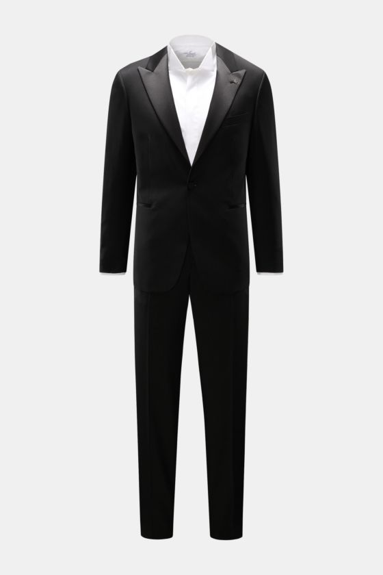 Tagliatore Smoking 'Napoli' schwarz in Slim Fit, frontal fotografiert, aus reiner Super 110'S Schurwolle mit Satin-Spitzrevers und schmal zulaufender Hose. Tagliatore Smoking 'Napoli' schwarz in Slim Fit, frontal fotografiert, aus reiner Super 110'S Schurwolle mit Satin-Spitzrevers und schmal zulaufender Hose.