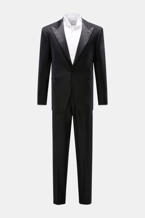 Tagliatore Smoking schwarz, frontale Ansicht, Slim Fit Smoking aus reiner Super 110'S Schurwolle mit tailliertem Ein-Knopf-Sakko, Spitzrevers, Satinbundhose. Tagliatore Smoking schwarz, frontale Ansicht, Slim Fit Smoking aus reiner Super 110'S Schurwolle mit tailliertem Ein-Knopf-Sakko, Spitzrevers, Satinbundhose.