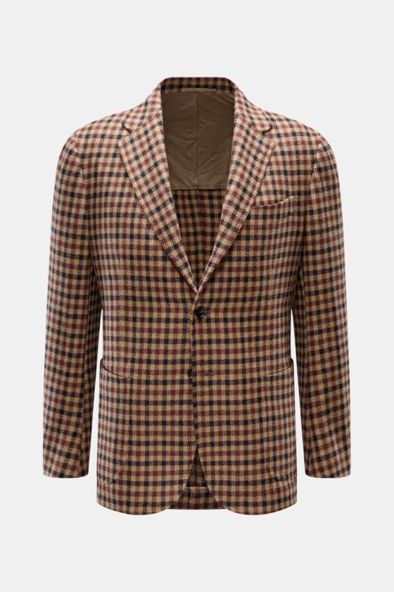 Frontale Aufnahme des Stile Latino Cashmere Sakkos 'Vincenzo' camel/dunkelbraun/schwarz kariert aus reiner Wolle mit Slim Fit, Karomuster, fallendem Revers und aufgesetzten Taschen. Frontale Aufnahme des Stile Latino Cashmere Sakkos 'Vincenzo' camel/dunkelbraun/schwarz kariert aus reiner Wolle mit Slim Fit, Karomuster, fallendem Revers und aufgesetzten Taschen.