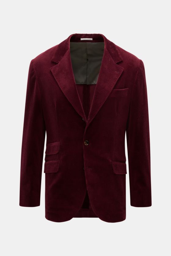 Brustansicht des taillierten Brunello Cucinelli Cordsakko bordeaux aus Baumwolle-Cashmere, Slim Fit, drei Knöpfe, Seitenschlitze. Brustansicht des taillierten Brunello Cucinelli Cordsakko bordeaux aus Baumwolle-Cashmere, Slim Fit, drei Knöpfe, Seitenschlitze.