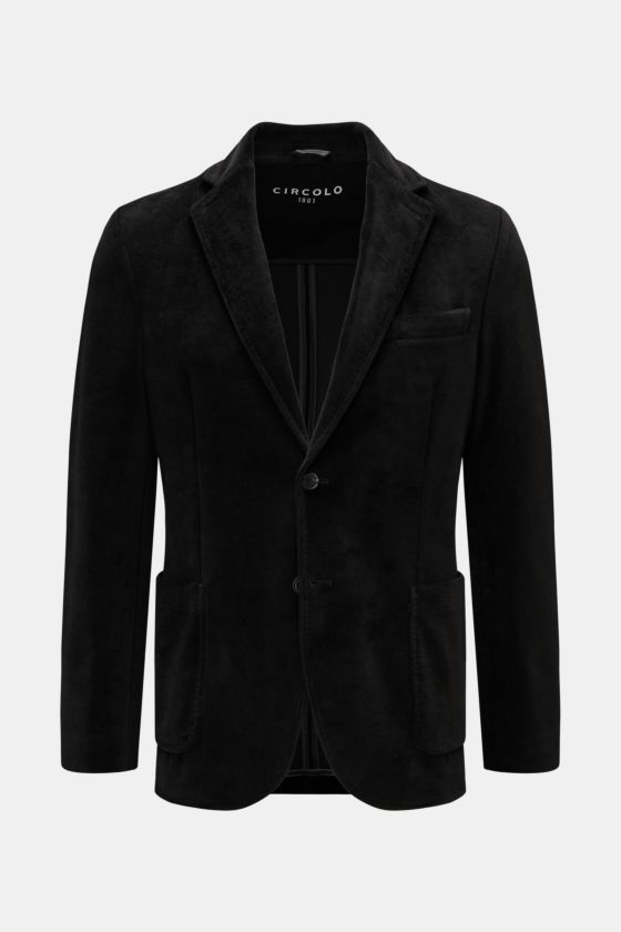 Circolo 1901 Samtsakko schwarz, frontal abgebildet, Slim Fit Jersey-Samt, tailliert, zwei Knöpfe, Brust- und Hüfttaschen, fallendes Revers. Circolo 1901 Samtsakko schwarz, frontal abgebildet, Slim Fit Jersey-Samt, tailliert, zwei Knöpfe, Brust- und Hüfttaschen, fallendes Revers.