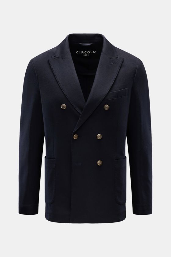 Circolo 1901 Jersey-Sakko navy, frontale Aufnahme, zweireihig mit drei Knöpfen, Spitzrevers, Brust- und Hüfttaschen, Slim Fit, Wolle-Cashmere Jersey, halb gefüttert. Circolo 1901 Jersey-Sakko navy, frontale Aufnahme, zweireihig mit drei Knöpfen, Spitzrevers, Brust- und Hüfttaschen, Slim Fit, Wolle-Cashmere Jersey, halb gefüttert.