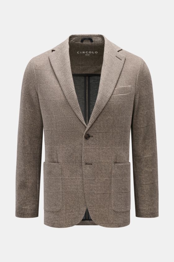 Circolo 1901 Jersey-Sakko beige/dunkelbraun kariert, Slim Fit, Glencheck-Print, Unconstructed-Design, vorne frontal fotografiert. Circolo 1901 Jersey-Sakko beige/dunkelbraun kariert, Slim Fit, Glencheck-Print, Unconstructed-Design, vorne frontal fotografiert.