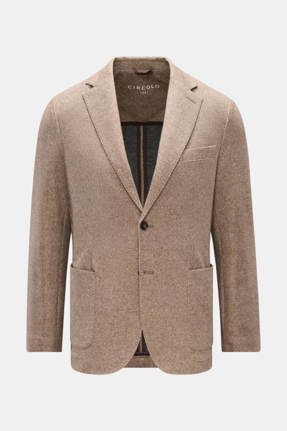 Circolo 1901 Jersey-Sakko beige/dunkelbraun gemustert, Slim Fit, aus elastischer Baumwolle, zwei Knöpfe, fallendes Revers, frontale Sicht. Circolo 1901 Jersey-Sakko beige/dunkelbraun gemustert, Slim Fit, aus elastischer Baumwolle, zwei Knöpfe, fallendes Revers, frontale Sicht.