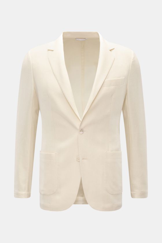 Marco Pescarolo Blazer 'Giove' creme, Slim Fit, Unconstructed Design, tonale Webstruktur, fallendes Revers, zwei Knöpfe, Brust- und Hüfttaschen, Vorderansicht. Marco Pescarolo Blazer 'Giove' creme, Slim Fit, Unconstructed Design, tonale Webstruktur, fallendes Revers, zwei Knöpfe, Brust- und Hüfttaschen, Vorderansicht.