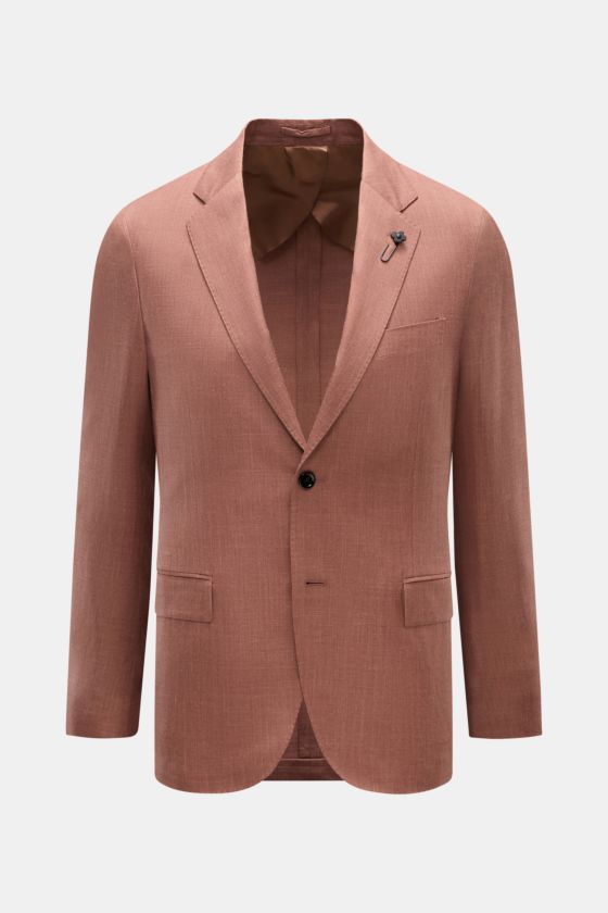 Frontansicht des braun melierten Lardini Sakkos aus Wolle mit Seide und Leinen, Slim Fit, zwei Knöpfe, Spitzrevers mit Blüten-Anstecker. Frontansicht des braun melierten Lardini Sakkos aus Wolle mit Seide und Leinen, Slim Fit, zwei Knöpfe, Spitzrevers mit Blüten-Anstecker.