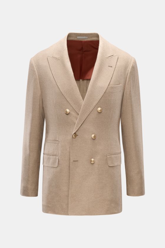 Brunello Cucinelli Sakko beige/hellbraun/taupe kariert, Frontansicht, Slim Fit, zweireihig, Cashmere-Seide-Mix, Hahnentritt, Spitzrevers, Patten- und Billettaschen. Brunello Cucinelli Sakko beige/hellbraun/taupe kariert, Frontansicht, Slim Fit, zweireihig, Cashmere-Seide-Mix, Hahnentritt, Spitzrevers, Patten- und Billettaschen.