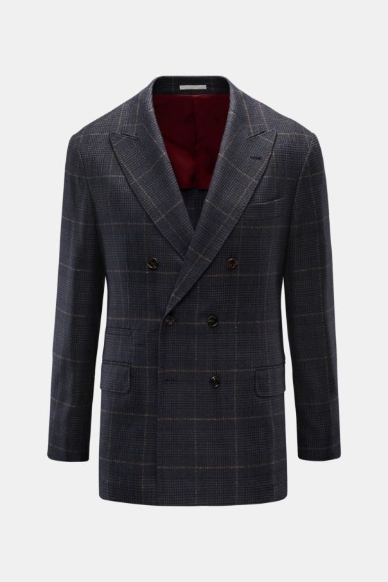 Brunello Cucinelli Sakko dunkelgrau/navy/hellbraun kariert, vorne fotografiert, Slim Fit, zweireihig, Spitzrevers, Cashmere-Schurwoll-Mix, Glencheck, weicher Griff, Brusttasche, Hüfttaschen mit Patte, kleine Billettasche, unfertige Ärmelabschlüsse, rückwä Brunello Cucinelli Sakko dunkelgrau/navy/hellbraun kariert, vorne fotografiert, Slim Fit, zweireihig, Spitzrevers, Cashmere-Schurwoll-Mix, Glencheck, weicher Griff, Brusttasche, Hüfttaschen mit Patte, kleine Billettasche, unfertige Ärmelabschlüsse, rückwä