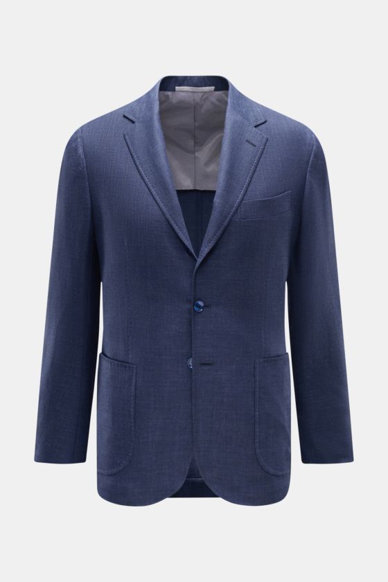 Frontale Nahaufnahme des Stile Latino Sakko 'Vincenzo' navy meliert mit italienischem Charakter, Slim Fit, Wolle-Leinen-Mix, weichem Griff, tailliertem Drei-Knopf-Stil, fallendem Revers, Brusttasche, aufgesetzten Hüfttaschen, unfertigen Ärmelabschlüssen u Frontale Nahaufnahme des Stile Latino Sakko 'Vincenzo' navy meliert mit italienischem Charakter, Slim Fit, Wolle-Leinen-Mix, weichem Griff, tailliertem Drei-Knopf-Stil, fallendem Revers, Brusttasche, aufgesetzten Hüfttaschen, unfertigen Ärmelabschlüssen u