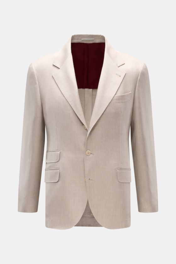 Brunello Cucinelli Sakko sand meliert, frontale Ansicht, melierter Cashmere-Seide-Mix, Slim Fit, taillierter Drei-Knopf-Stil mit Brust- und Hüfttaschen. Brunello Cucinelli Sakko sand meliert, frontale Ansicht, melierter Cashmere-Seide-Mix, Slim Fit, taillierter Drei-Knopf-Stil mit Brust- und Hüfttaschen.