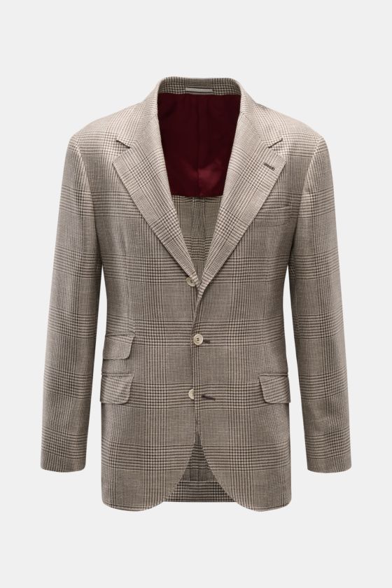 Brunello Cucinelli Sakko beige/dunkelbraun kariert, Slim Fit, drei Knöpfe, Glencheck, halb gefüttert, fallendes Revers, frontale Ansicht. Brunello Cucinelli Sakko beige/dunkelbraun kariert, Slim Fit, drei Knöpfe, Glencheck, halb gefüttert, fallendes Revers, frontale Ansicht.